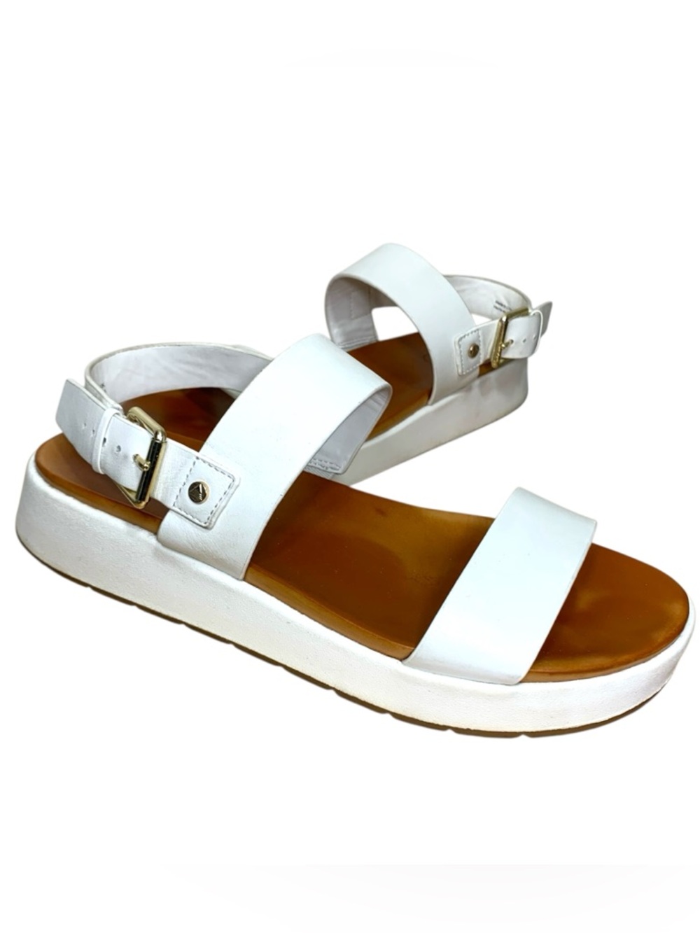 Aldo White Leather  Platform Sandals Sz 8 Two-Strap Buckle Feminine Minimalist